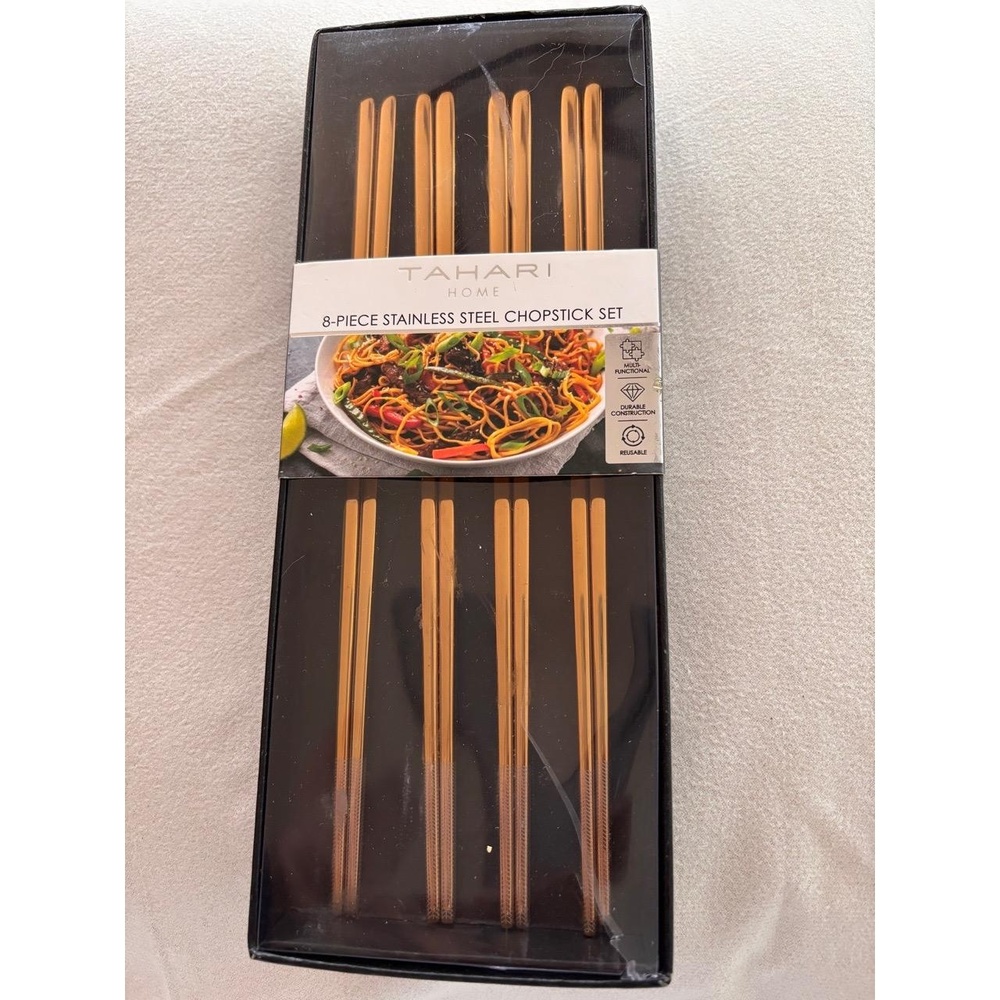 Tahari 145S08GD Stainless Steel 8-Piece Set Dishwasher Safe Reusable Chopsticks